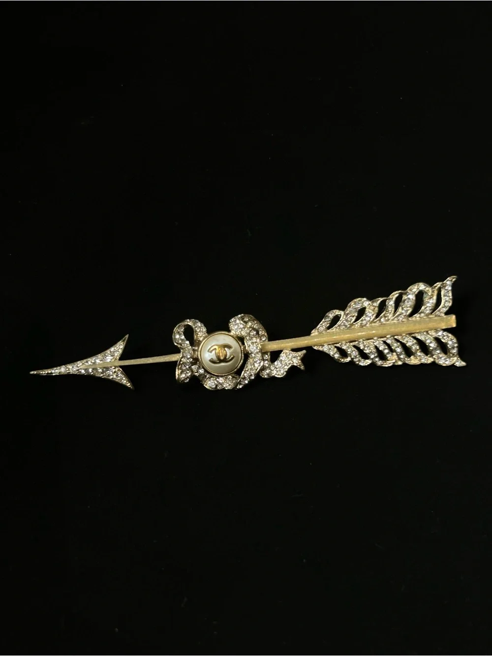 CHANEL Gold and Pearl Crystal Arrow Brooch